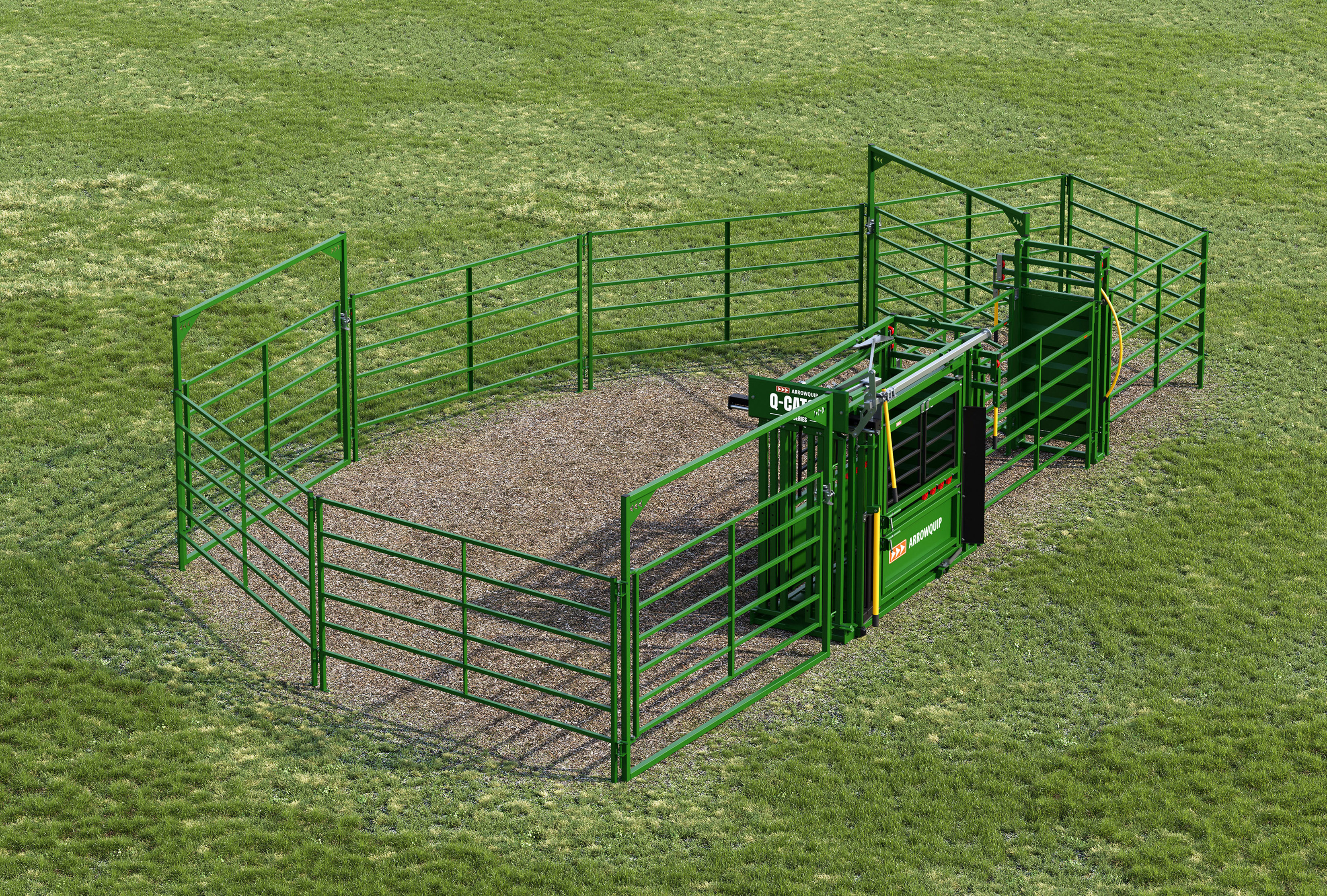 Aerial view 10 head essential cattle handling system with Q-Catch manual chute and corral panels ready to work cattle