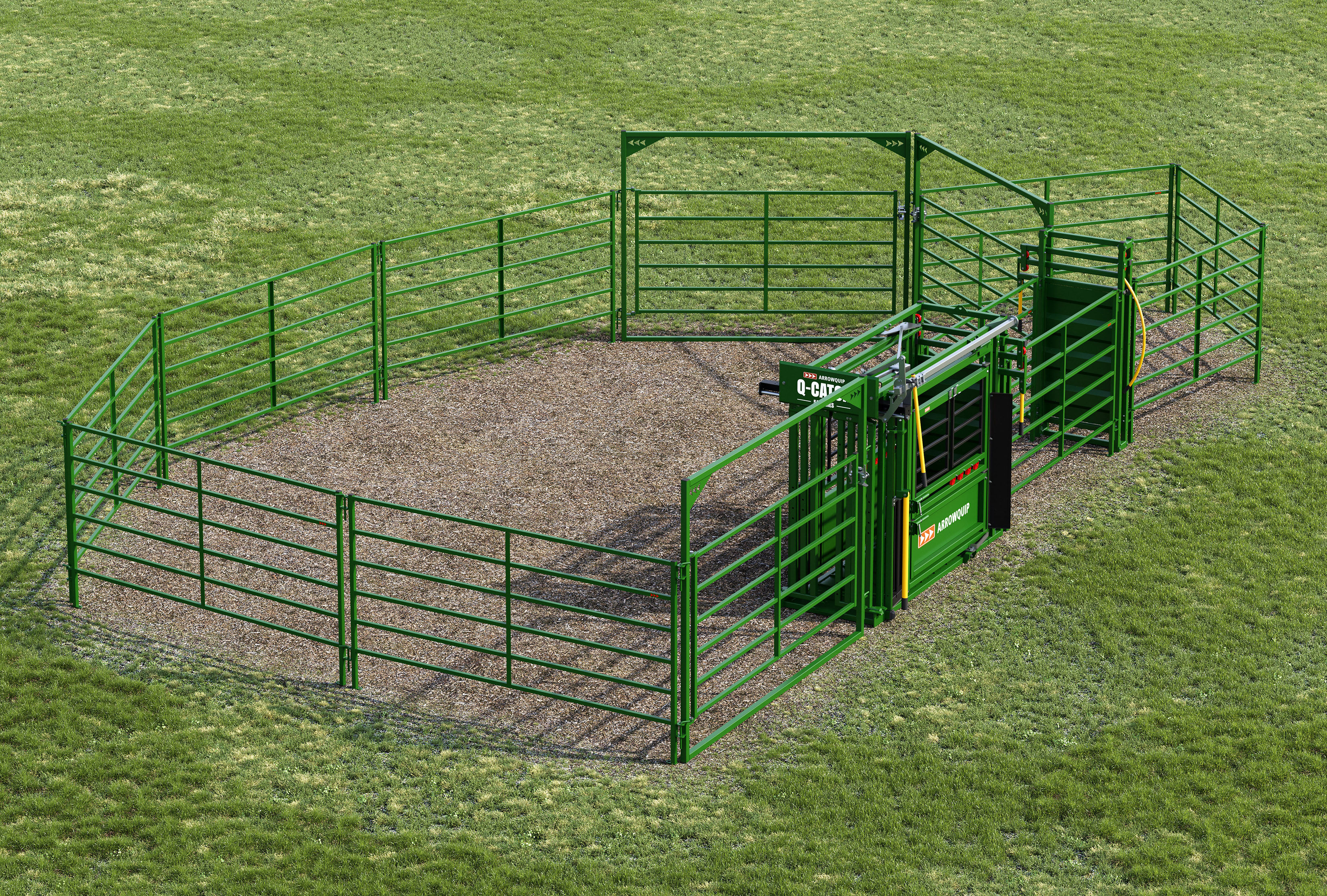 Aerial view 20 head basic cattle handling system with Q-Catch manual chute, rolling alley gate and corral panels ready to work cattle
