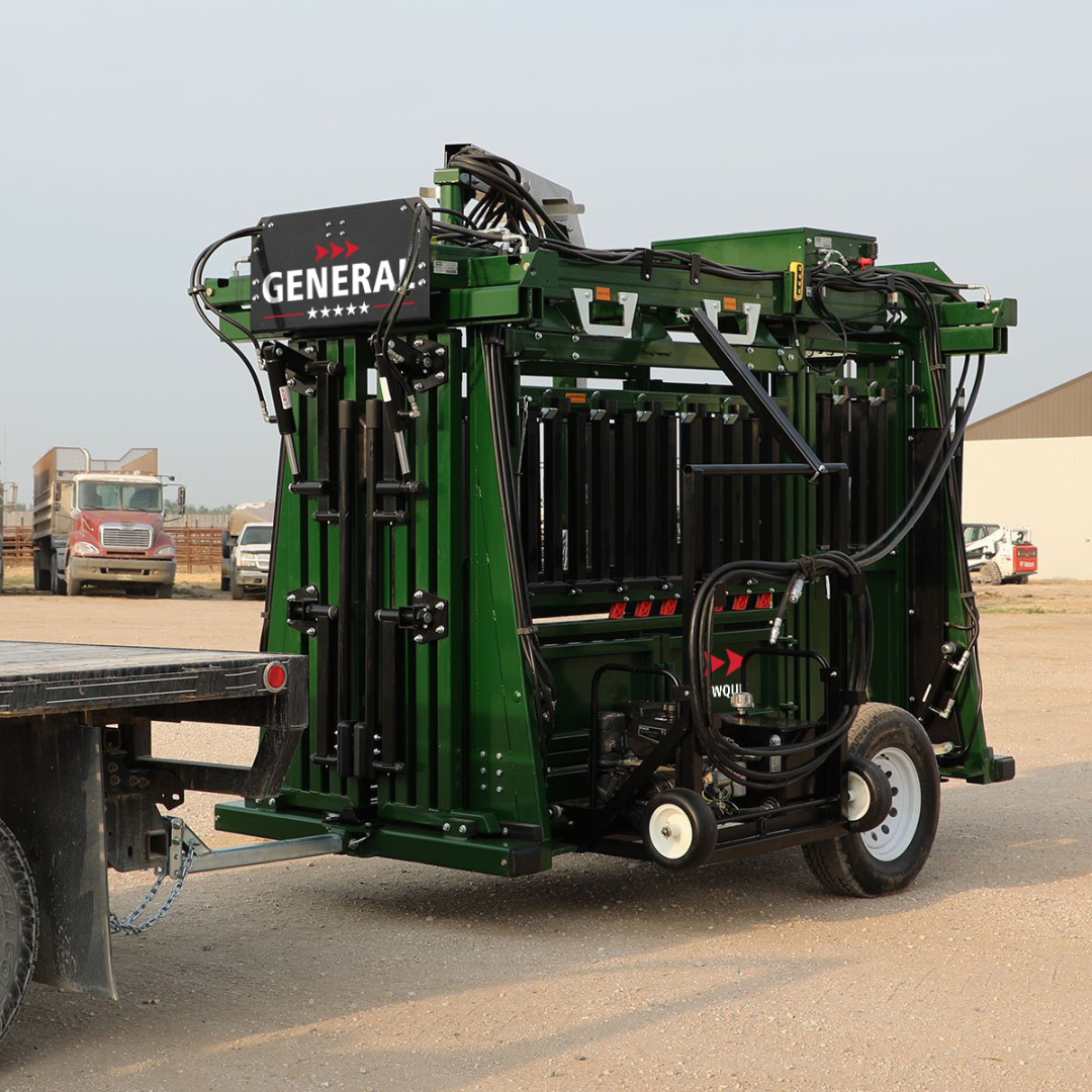 Arrowquip's General Hydraulic cattle chute being towed behind a truck