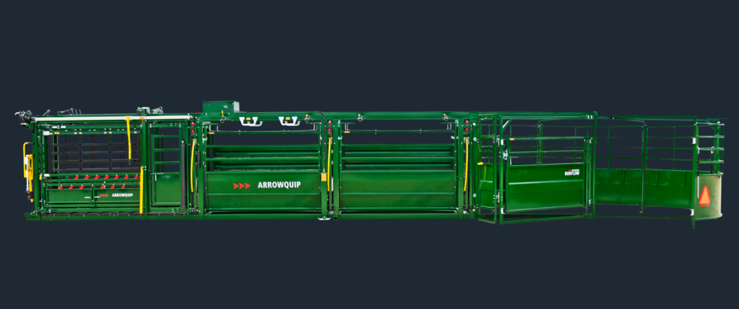 Arrowquip's portable cattle handling unit fully set up with a cattle chute, cattle alley and cattle tub on a black background