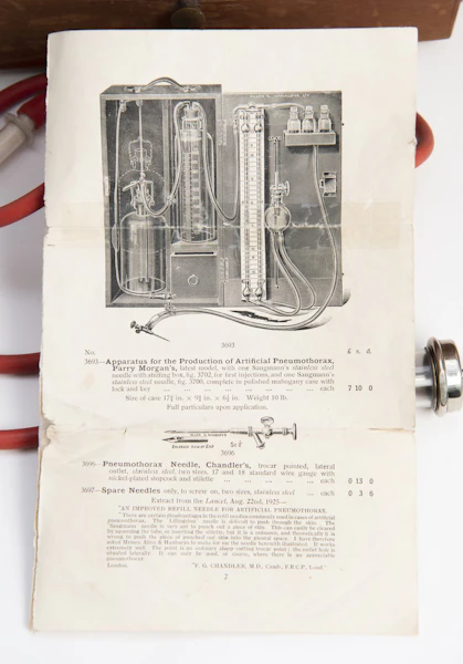 Instruction book showing diagram of how pneumothorax should be used