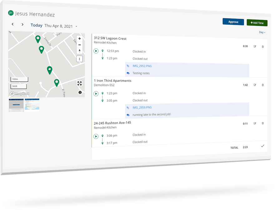 GPS Tracking - View a “breadcrumb” trail of every site visited by employees throughout the workday