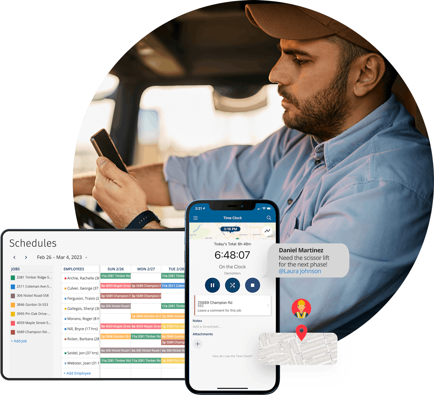 Worker using a time-tracking app with app interface screenshots.