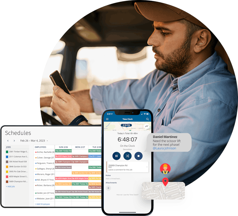 Worker using a time-tracking app with app interface screenshots.