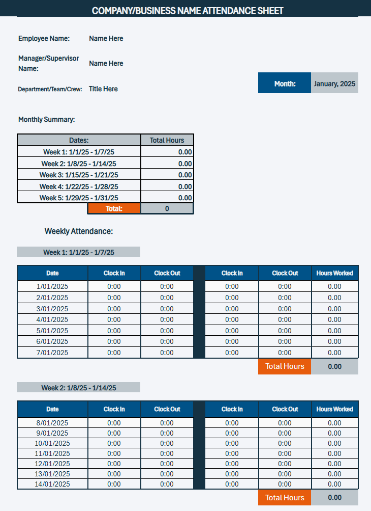 Monthly attendance sheet template - weekly hours