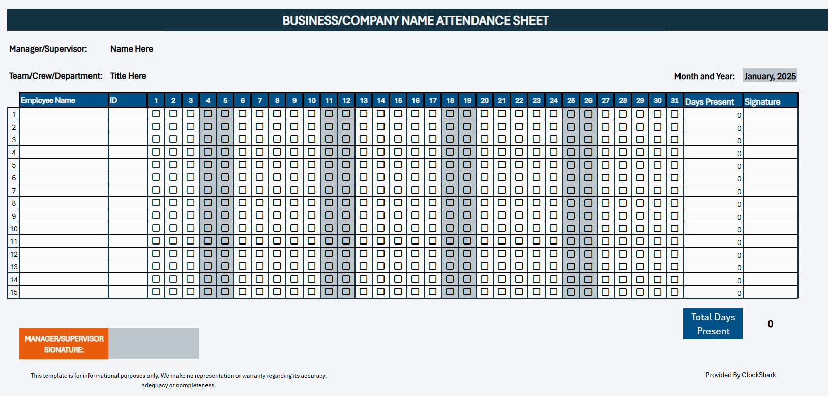 Monthly attendance sheet template - checkbox