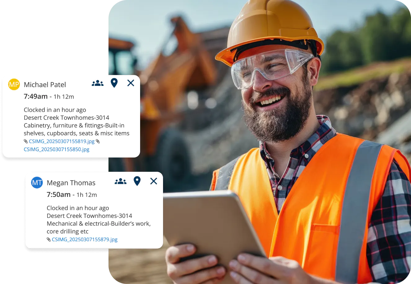 Field worker checking job site updates on a tablet.