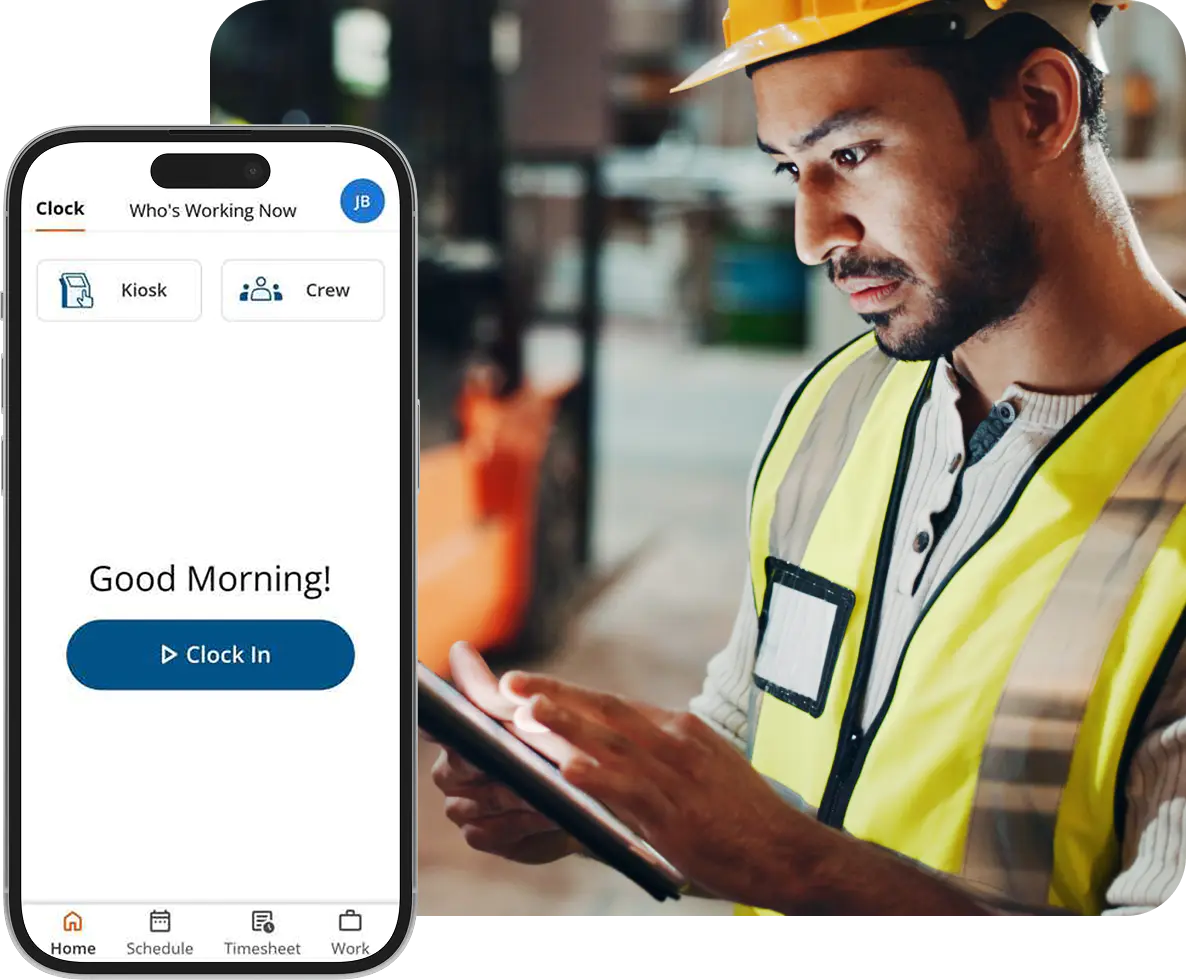 Field employee clocks in using mobile time tracking app.