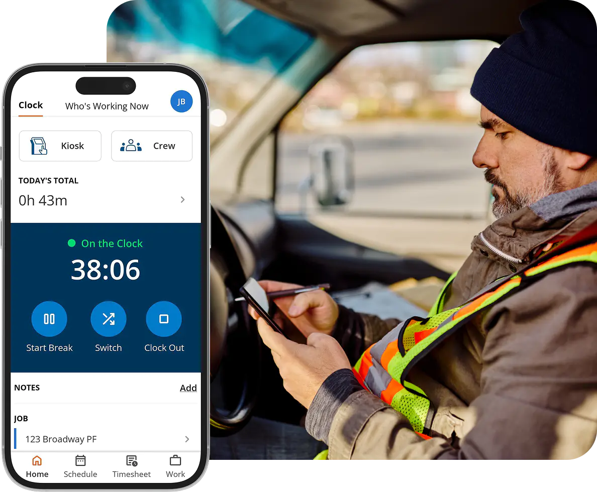 Mobile worker tracks hours from vehicle using ClockShark app.