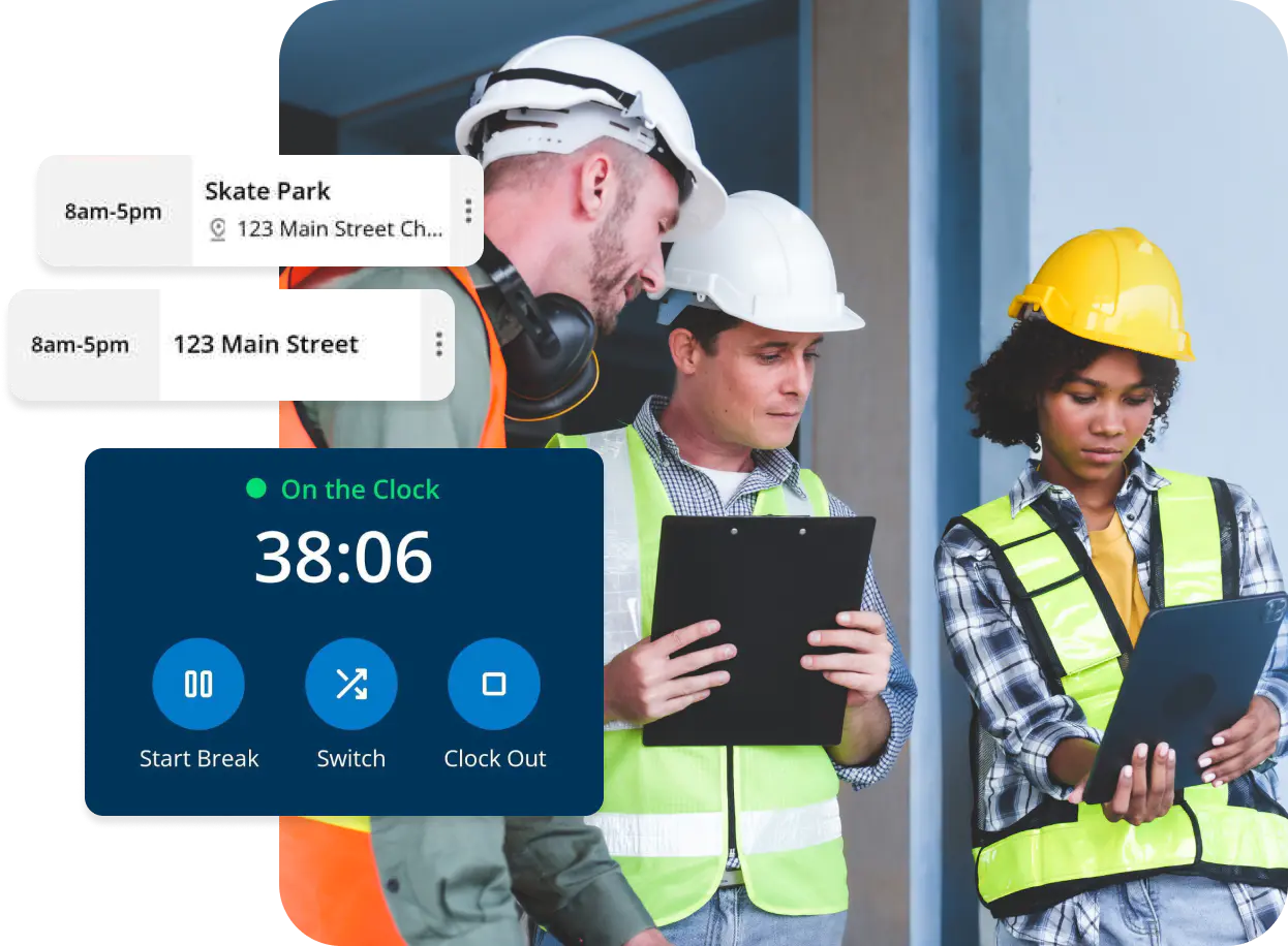Crew uses ClockShark’s Kiosk Time Clock to review schedule and track time on-site.