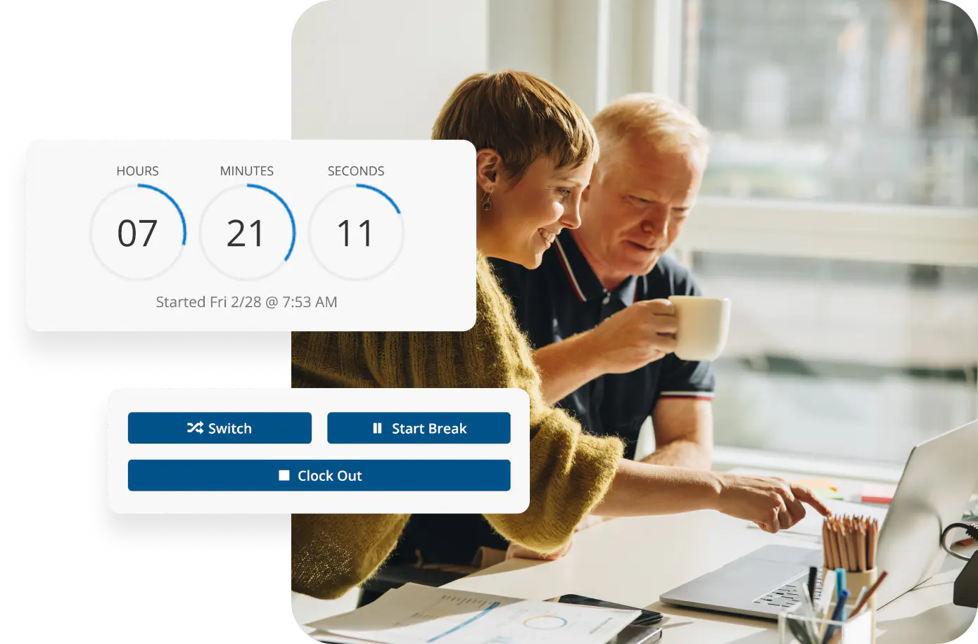 Office team tracks hours with ClockShark’s web punch clock.