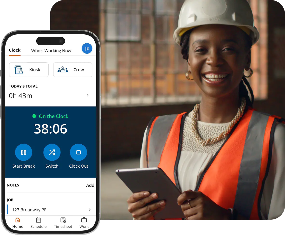 Team member uses ClockShark app to clock in on-site.
