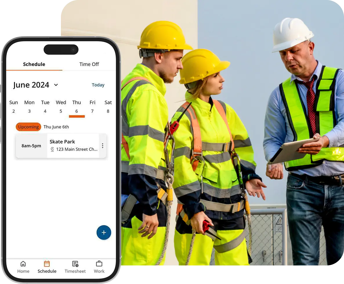 Supervisor reviews job schedule with crew using ClockShark’s employee scheduling app.