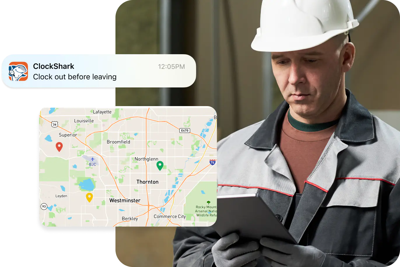 Worker receives GPS-based clock-out reminder using ClockShark time tracking app.