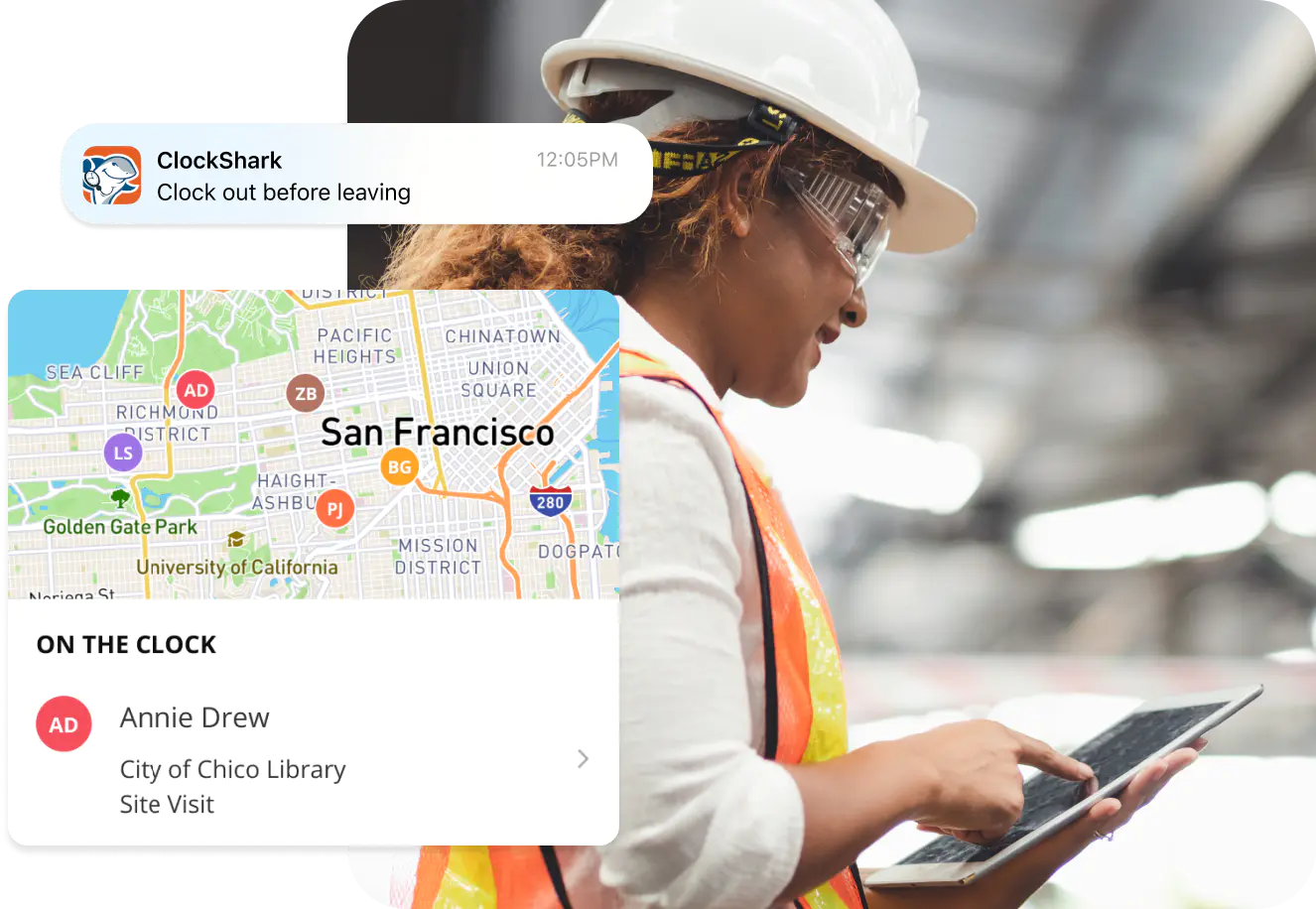 Field worker checks who’s on the clock with ClockShark’s real-time location tracking.