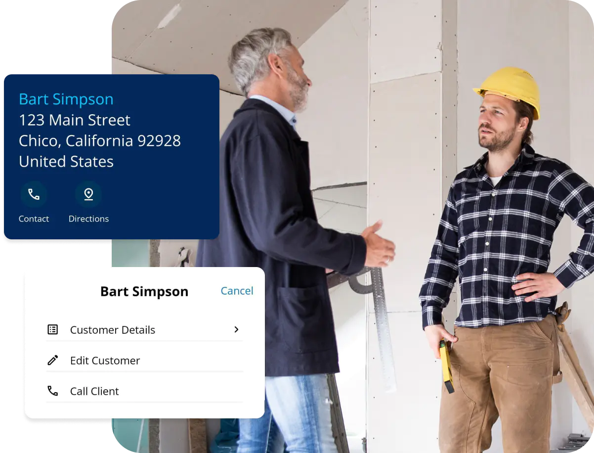 Contractor meets with client while using ClockShark’s customer management (CRM) tools.