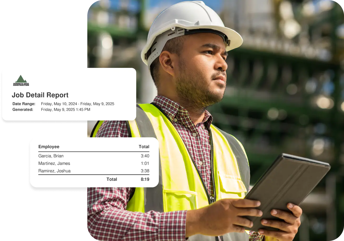 Foreman reviews job costing report on-site using ClockShark’s reporting tools.