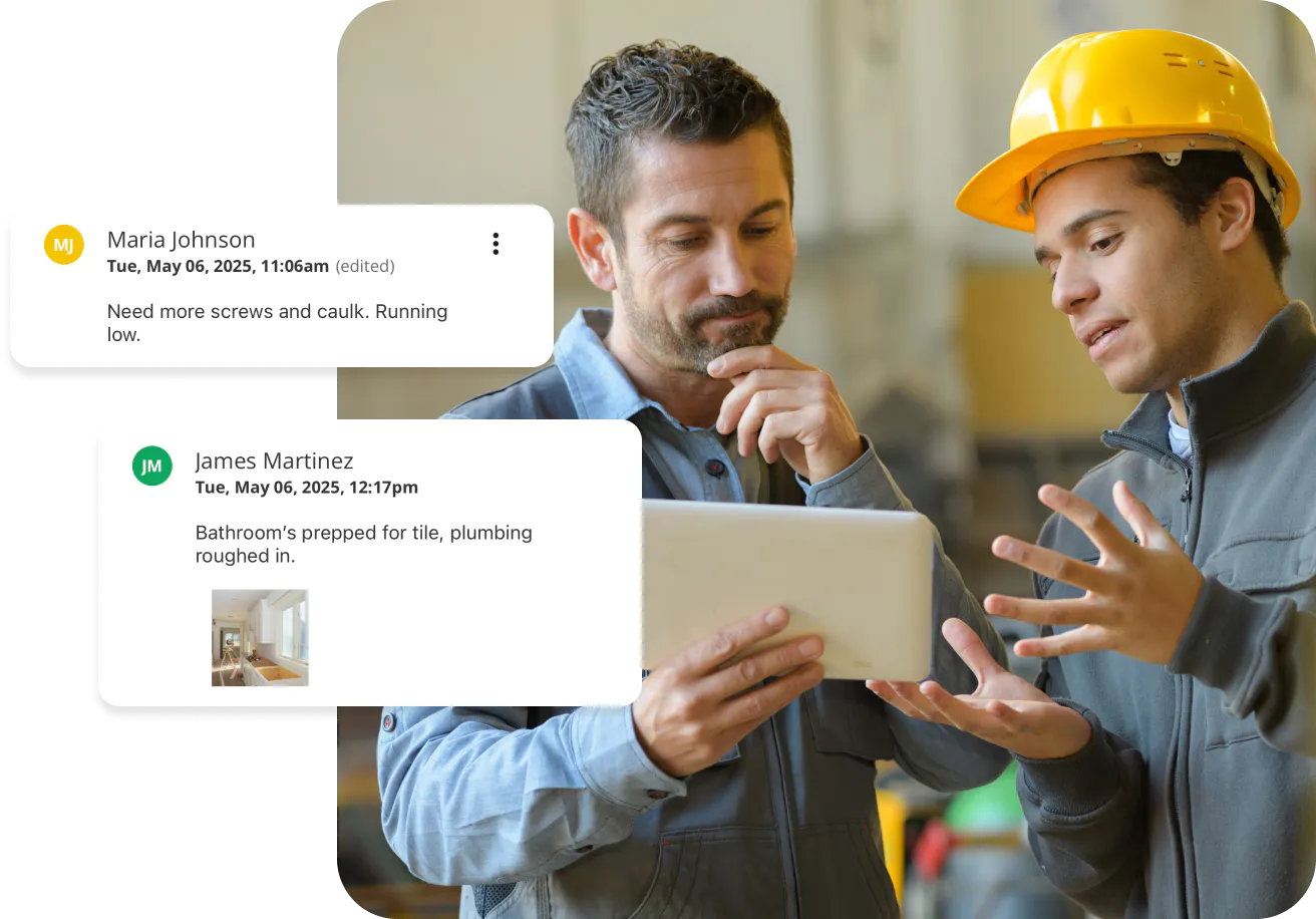 Crew members review job site updates using ClockShark’s team conversations feature.