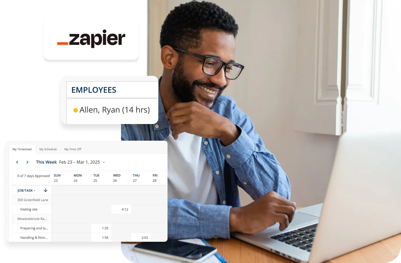 Man uses Zapier integration to review timesheets on laptop.
