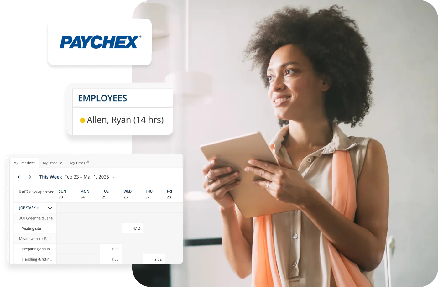 Woman uses ClockShark's Paychex integration on tablet.