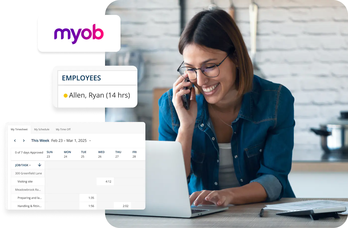 Woman uses ClockShark’s MYOB integration on laptop while on a call.