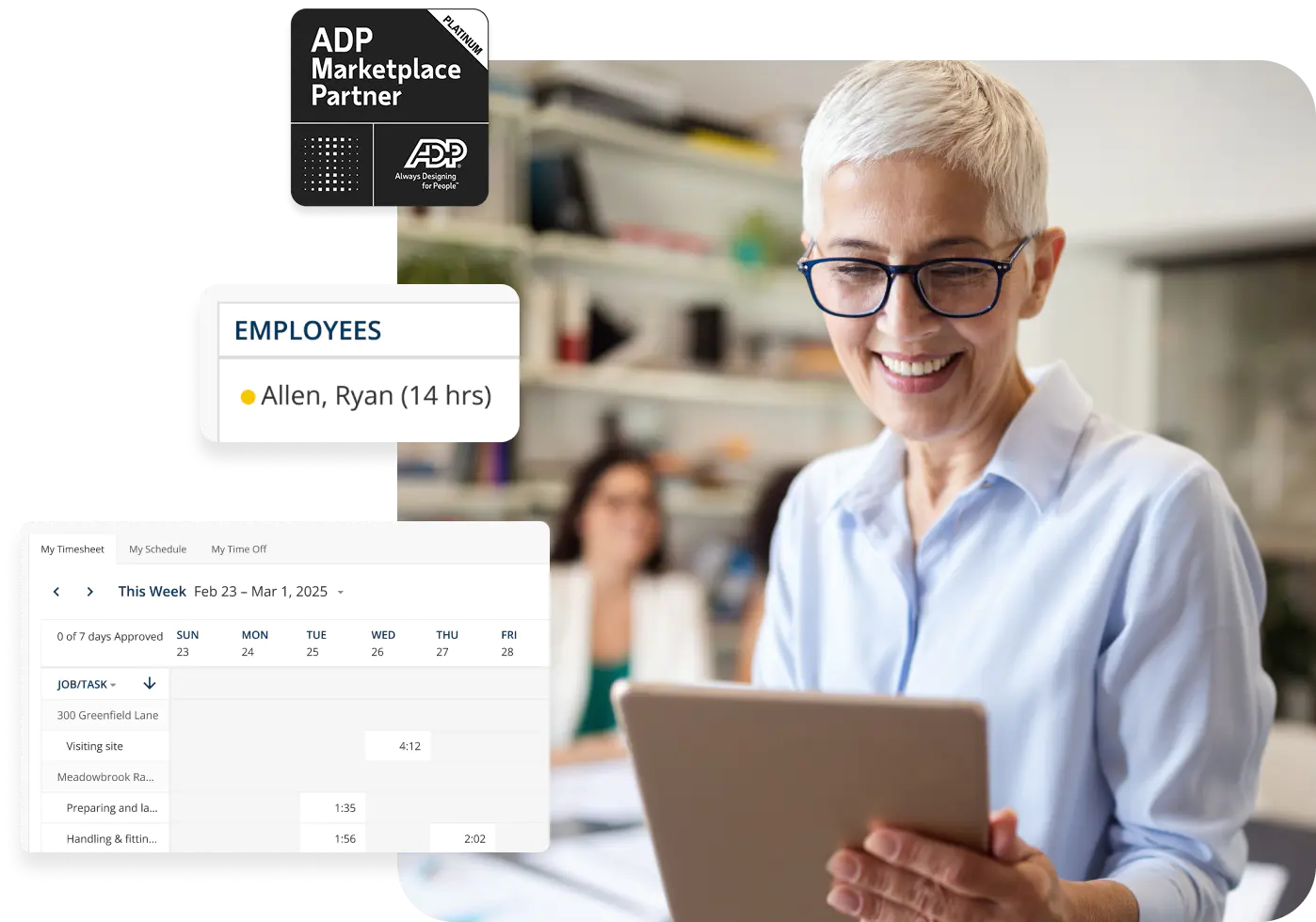 Woman uses ClockShark’s ADP integration on a tablet in office.