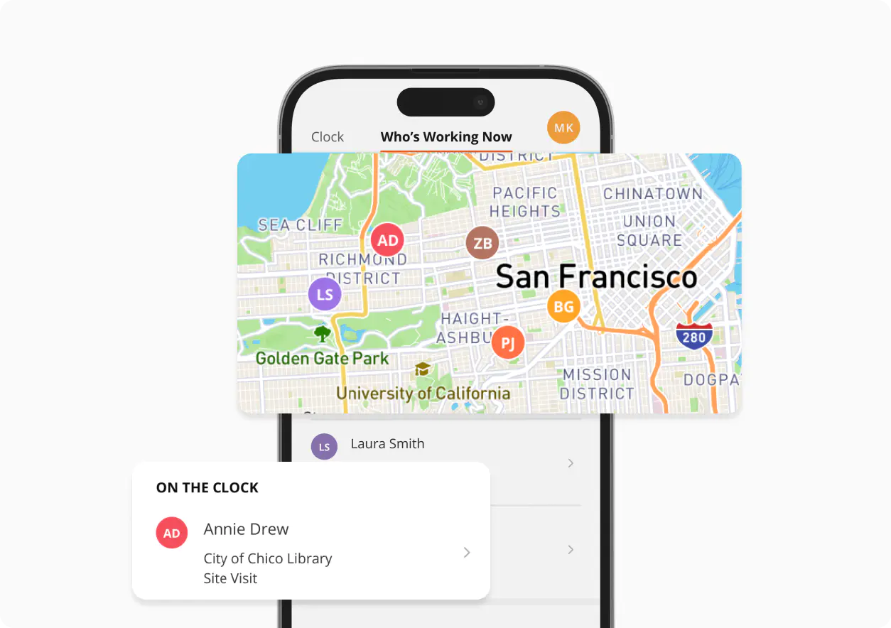 Zoomed-in map with employee markers indicating who is on the clock