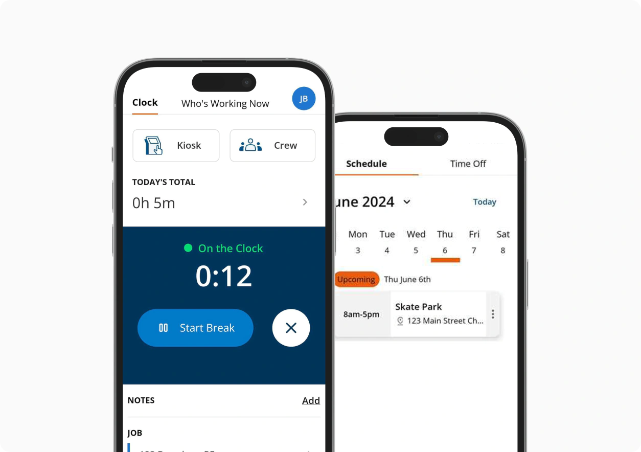 Mobile app showing active time clock and daily work schedule with job location