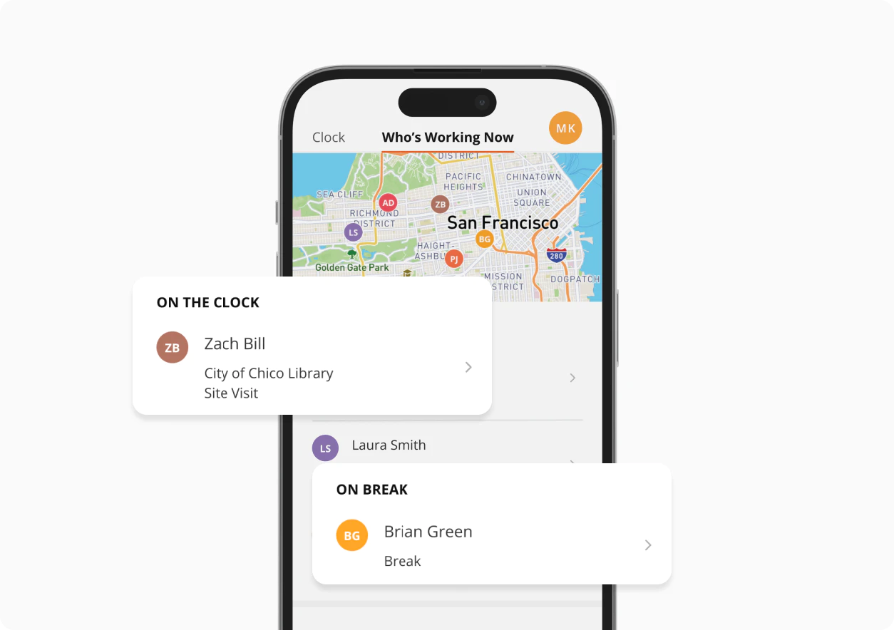 Mobile map view showing employee locations and current work status