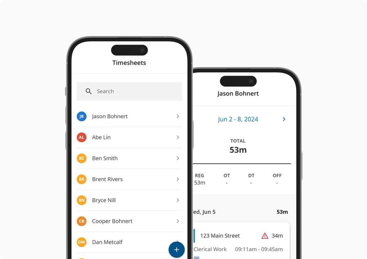 Mobile timesheet summary displaying hours worked and detailed entry logs
