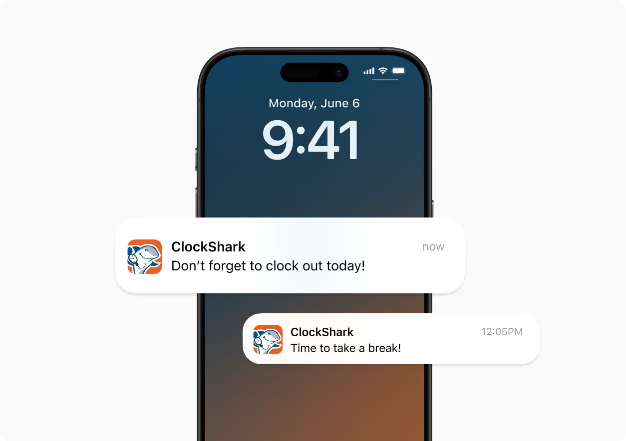 ClockShark app sending reminders to clock out and take breaks