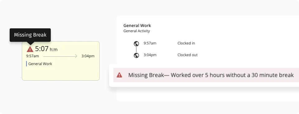 Alert for missing break after 5-hour shift.