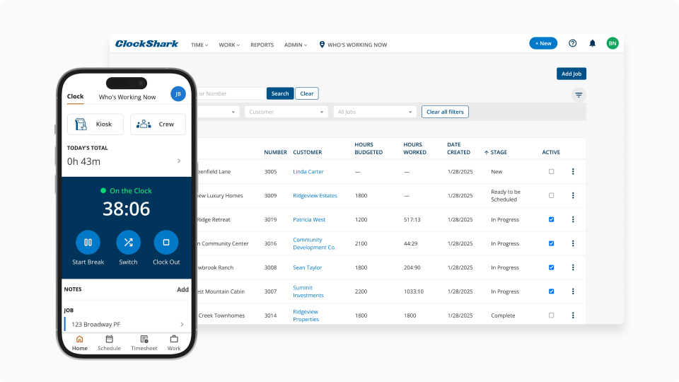 ClockShark interface showing mobile time tracking and desktop job scheduling features.