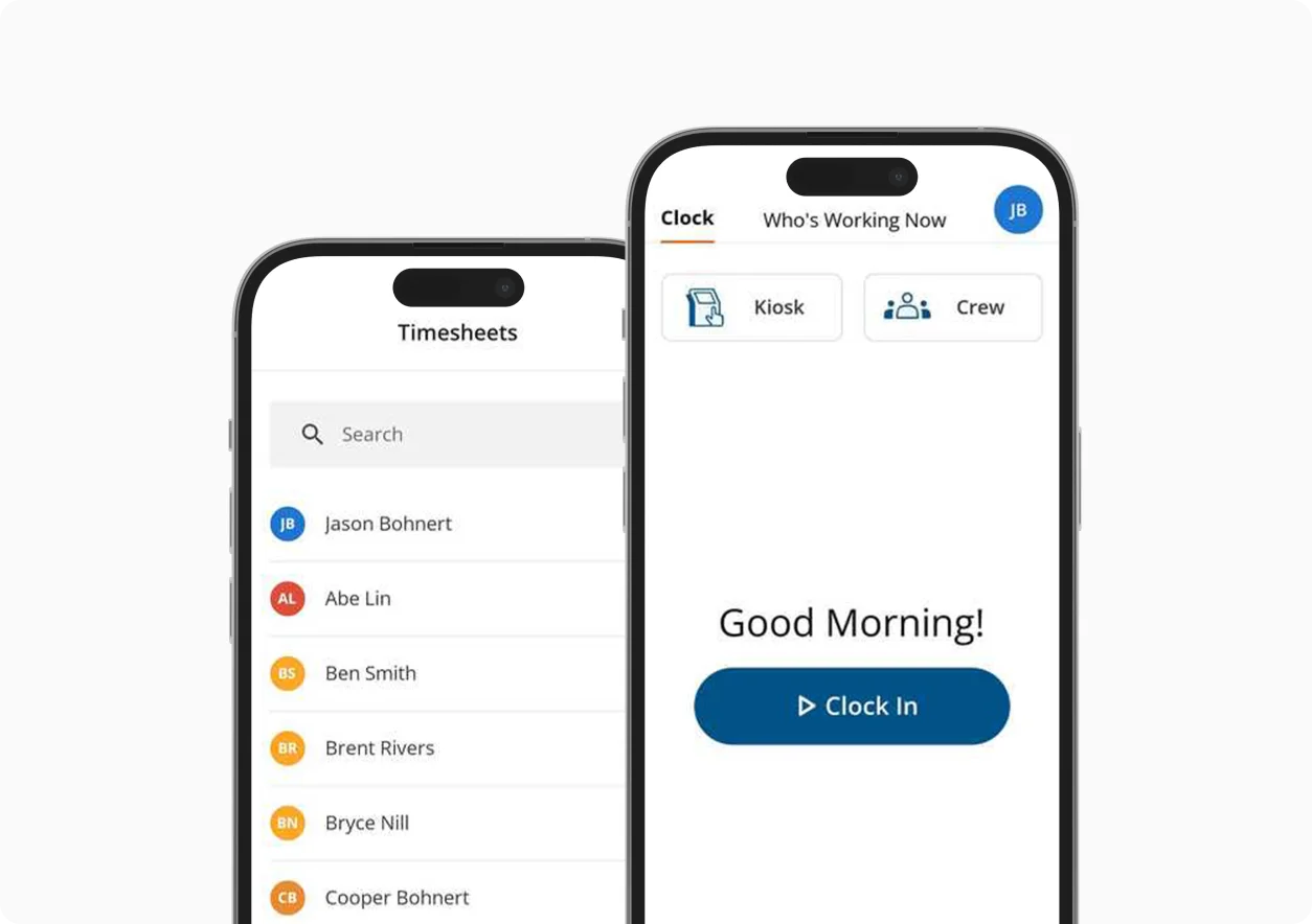 Mobile app view with employee timesheets and clock-in functionality
