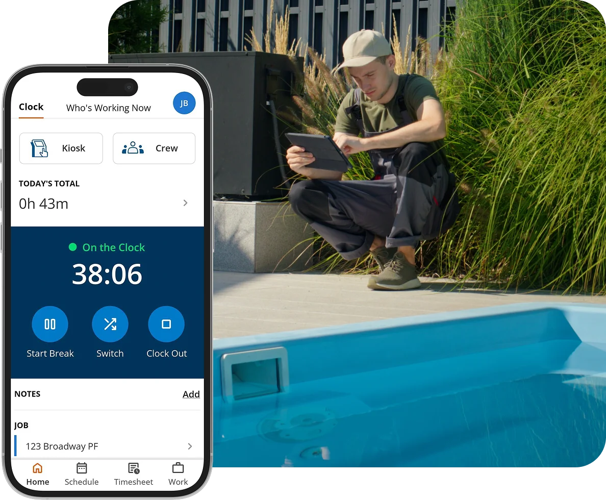 ClockShark mobile app tracking time for a pool service technician on a job site.