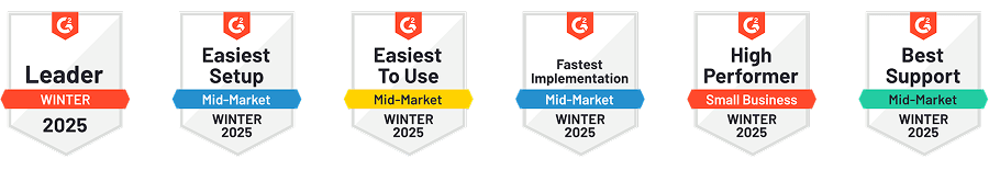 G2 badges: Leader, Easiest Setup, and Fastest Implementation.