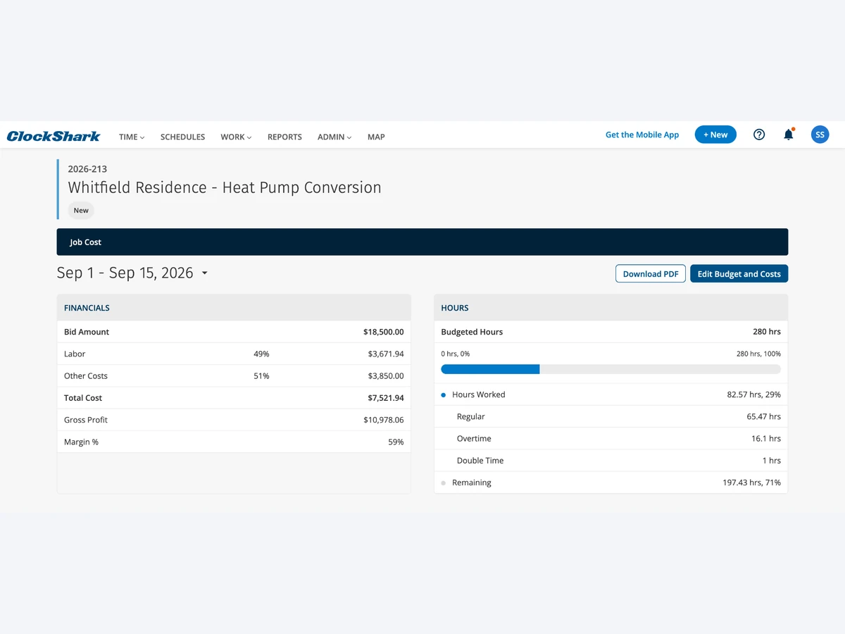 ClockShark Job Costing screen showing bid amount, labor and other costs, gross profit, margin, and hours worked for a job