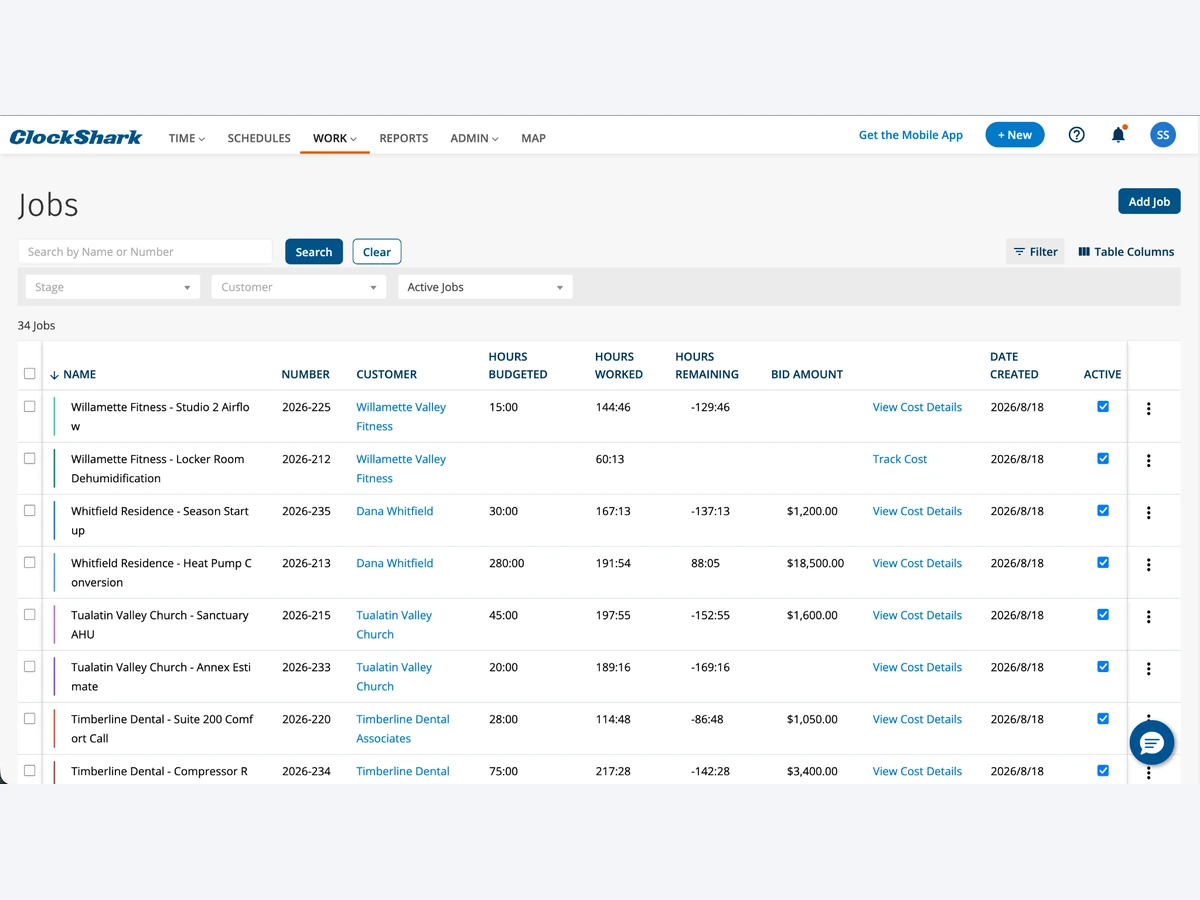 ClockShark Jobs page with Bid Amount and Hours Remaining columns and View Cost Details links for each job