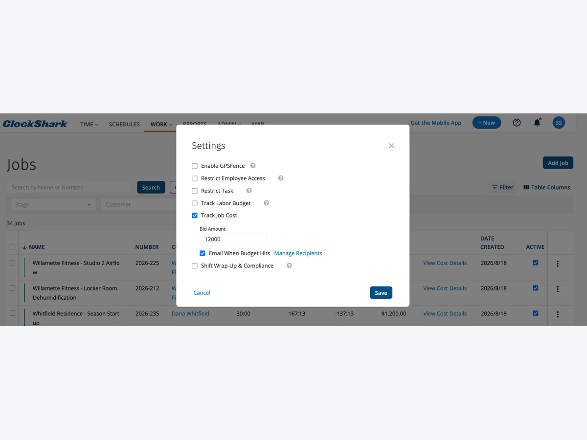 ClockShark job settings with Track Job Cost turned on and the Email When Budget Hits option checked