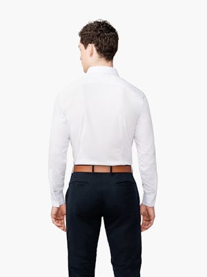 Men's White Brushed Apollo dress shirt model facing backward
