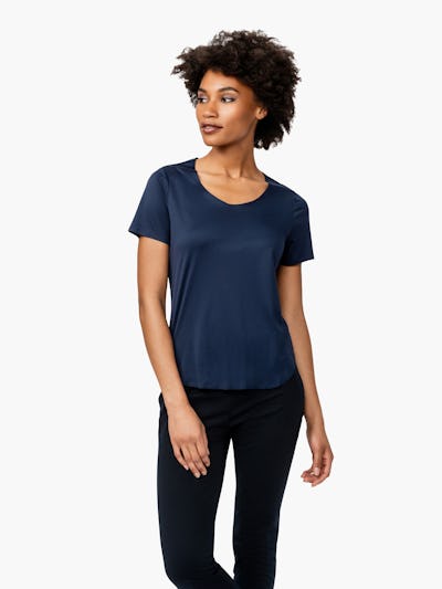 Women's Navy Luxe Touch Tee on Model Looking Right