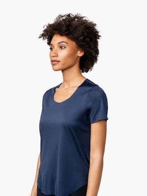 Women's Navy Luxe Touch Tee on Model Facing Right