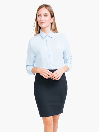 Women's Navy Kinetic Pencil Skirt on Model with Hands by Her Waist
