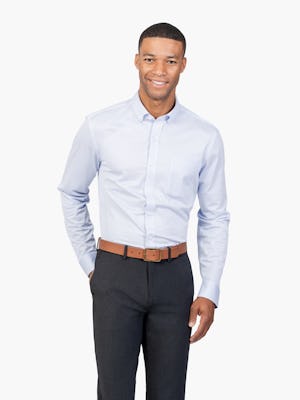 Men’s Blue Stripe Gemini Kit shirt model facing forward with hand in pocket