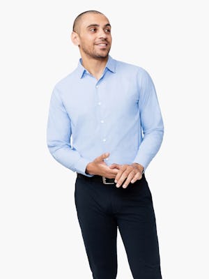 Men's Solid Blue Nylon Aero Dress Shirt on Model Facing Forward