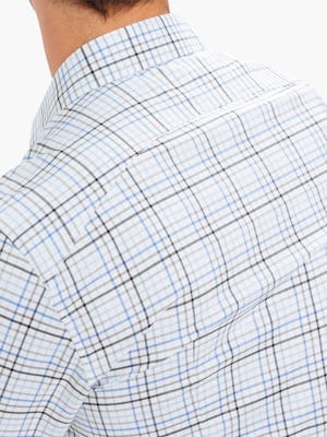 Men's Blue Multiplaid Aero Dress Shirt on Model Facing Backward in Close-Up of Curved Back Yoke