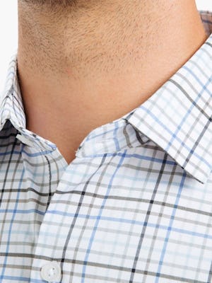 Men's Blue Multiplaid Aero Dress Shirt on Model in Close-Up of Unbuttoned Collar