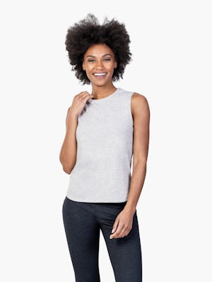 Women's Grey Heather (Recycled) Composite Merino Tank on Model Touching Her Collar