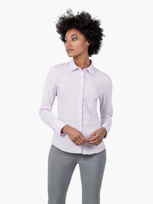 Women's Pale Pink Juno Recycled Tailored Shirt on Model Looking to Her Right