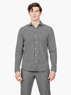 Men’s Black Grid Aero Zero Dress shirt model facing forward with shirt untucked